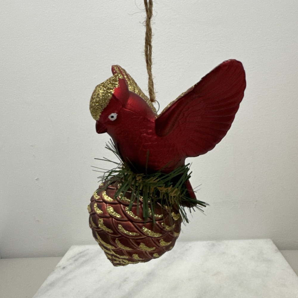 Red Cardinal On Pinecone Glass Christmas Ornament 6"x4"